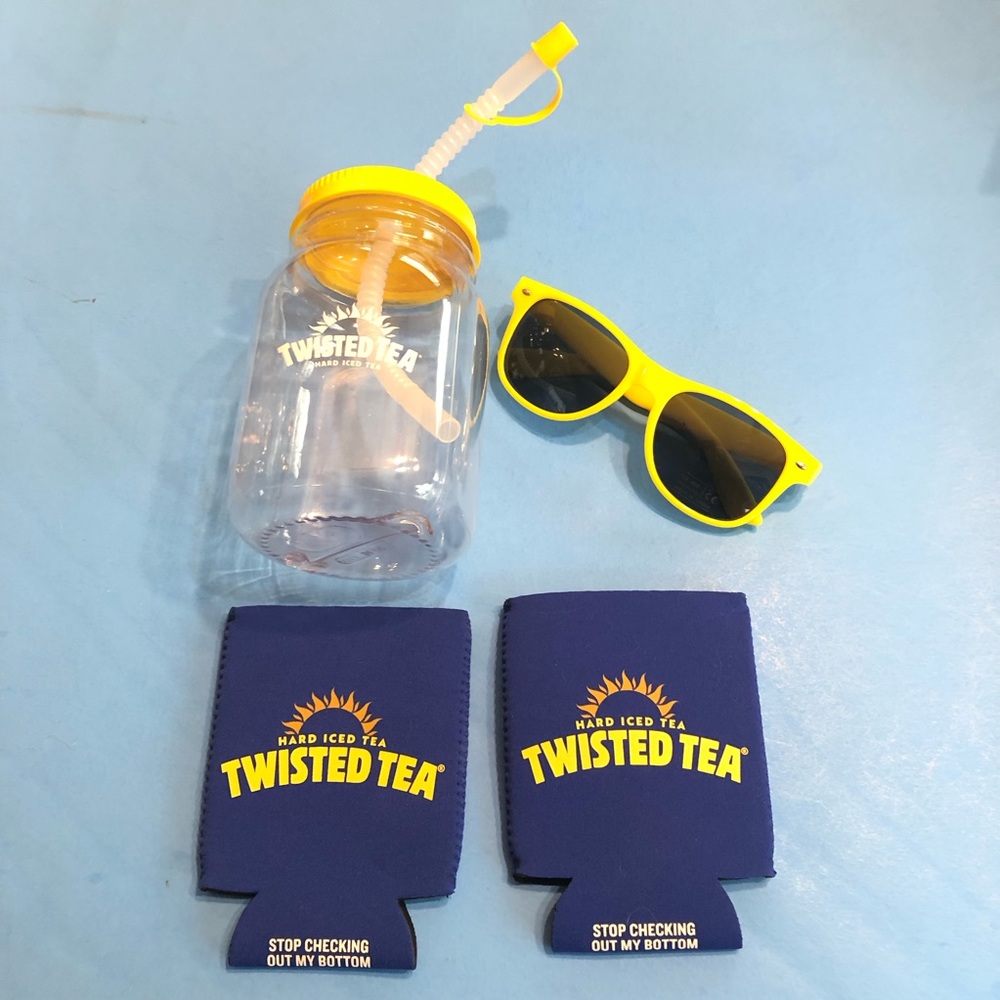 LOT OF TWISTED TEA Advertising Items KOOZIES / SUNGLASSES / DRINKING CONTAINER